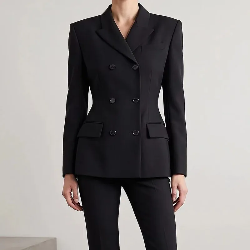 2026, New Arrival, Women's Black Double-Breasted Blazer, Fashionable Long-Sleeve Notched-Collar Jacket, High-Quality Suit, Y2K