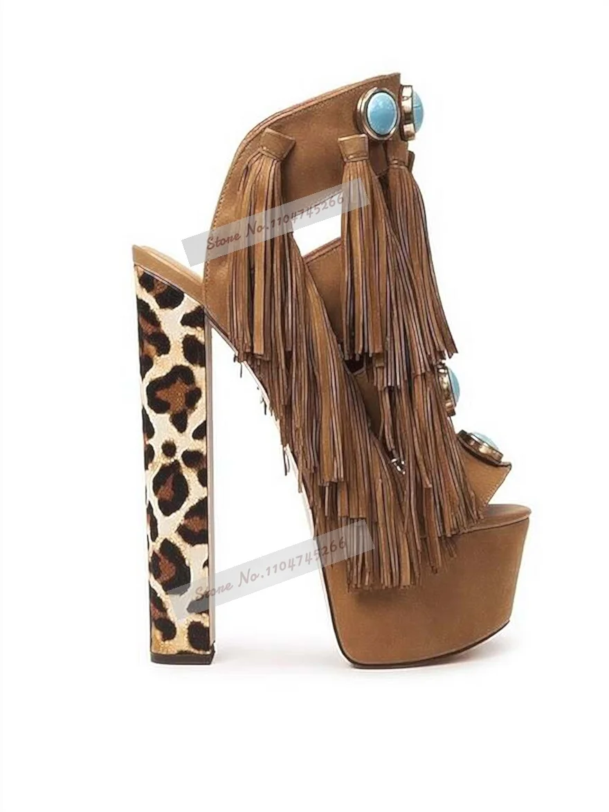 Turquoise Beaded Stone Button Chunky Heel Sandals Leopard Sude Brown Fringe Platform Dress Shoes Cut Out Buckle Strap Shoes view 5