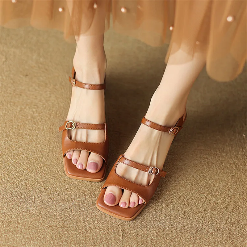 2023 New Summer Sandals Women Square Toe Shoes Chunky Heel Open Toe Retro Sandals for Women Handmade Split Leather Women Sandals