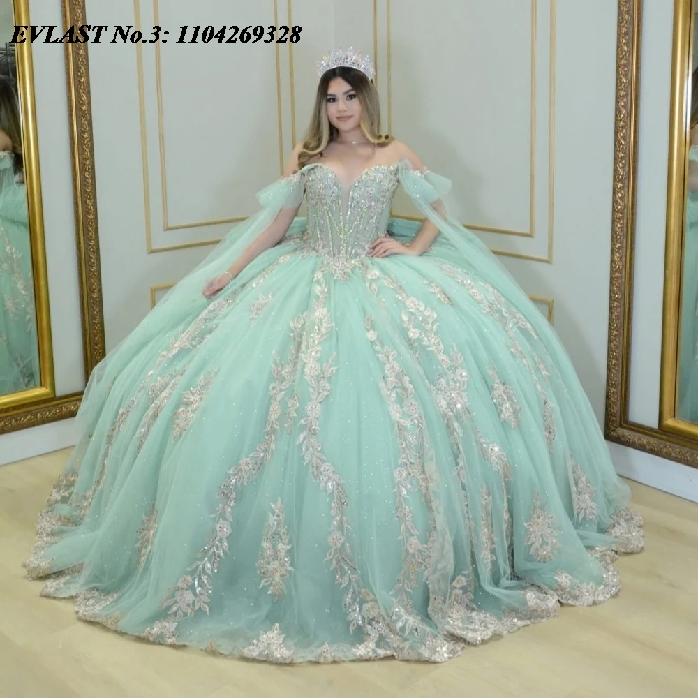 

EVLAST Customized Glitter Mint Quinceanera Dress Ball Gown Gold Lace Applique Beading Bow Sweet 16 Vestidos De 15 Anos E3Q763