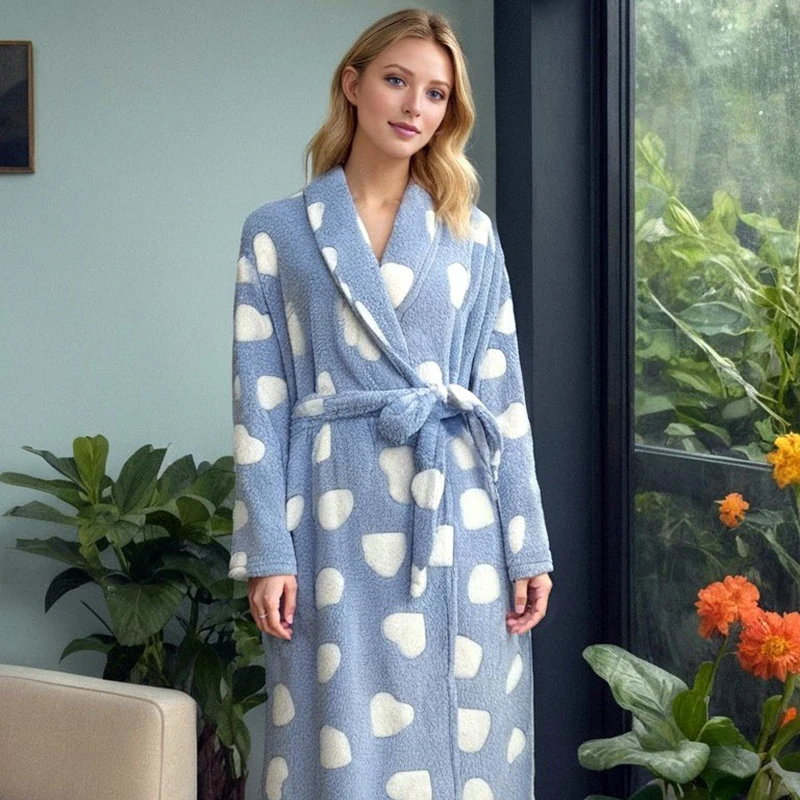 Oulylan Lady's Flannel Heart-Shaped Nightdress Women Hotel Printed Long Bathrobe Warm Home Clothes Autumn Solid color Nightgowns