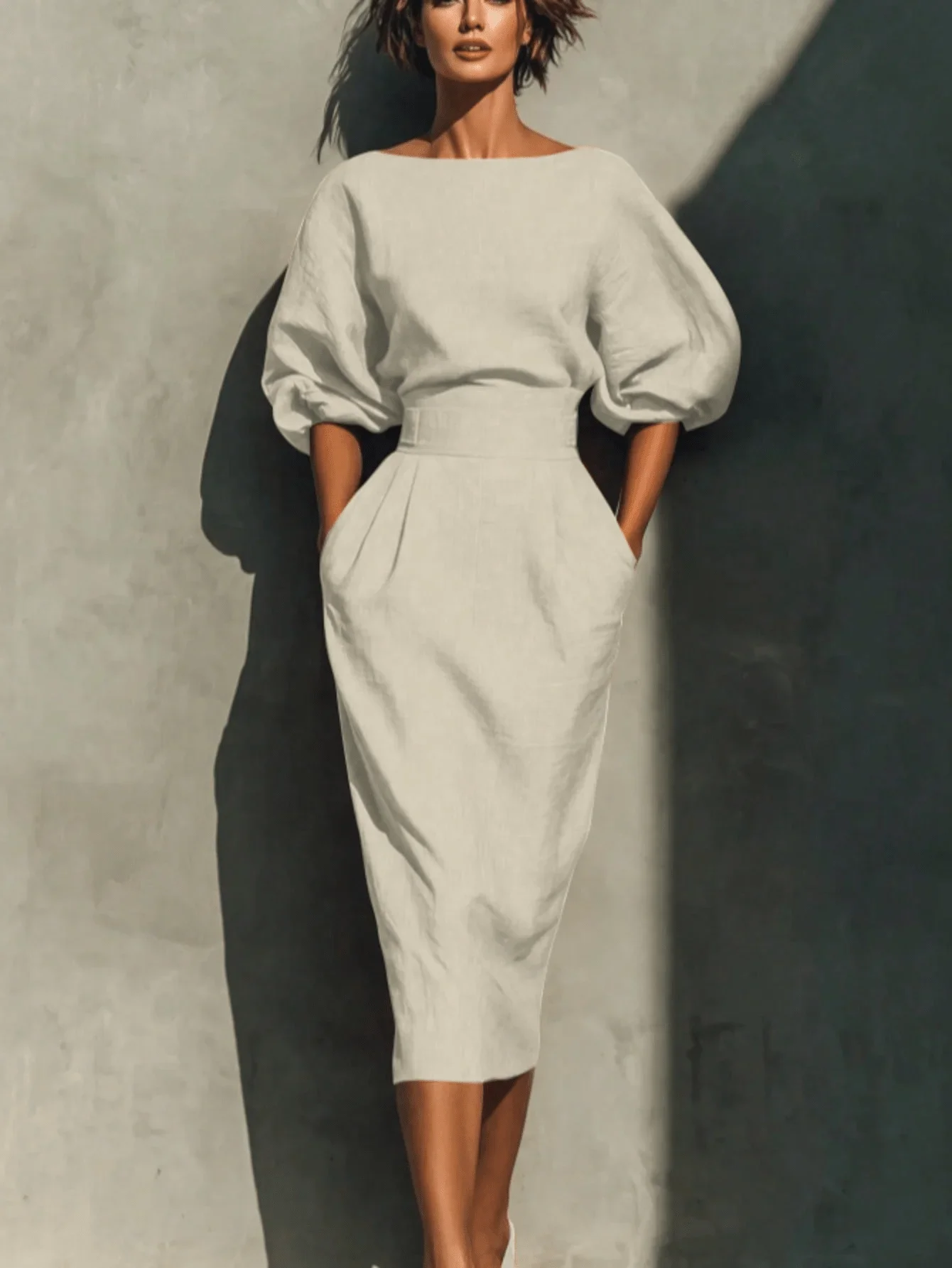 

Womens Casual Boat Neck Puff Sleeve Mid-Length Dress Spring Elegant