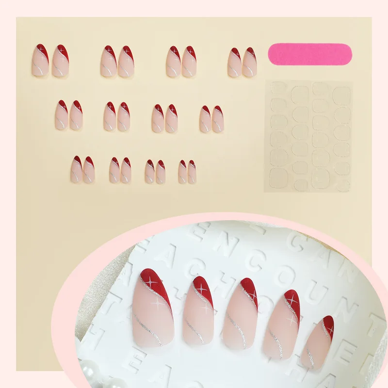 24pcs Press-On Nails - Almond Shape French Tips with Glitter Waves & Diamonds Perfect as Gifts for Women and Family Members