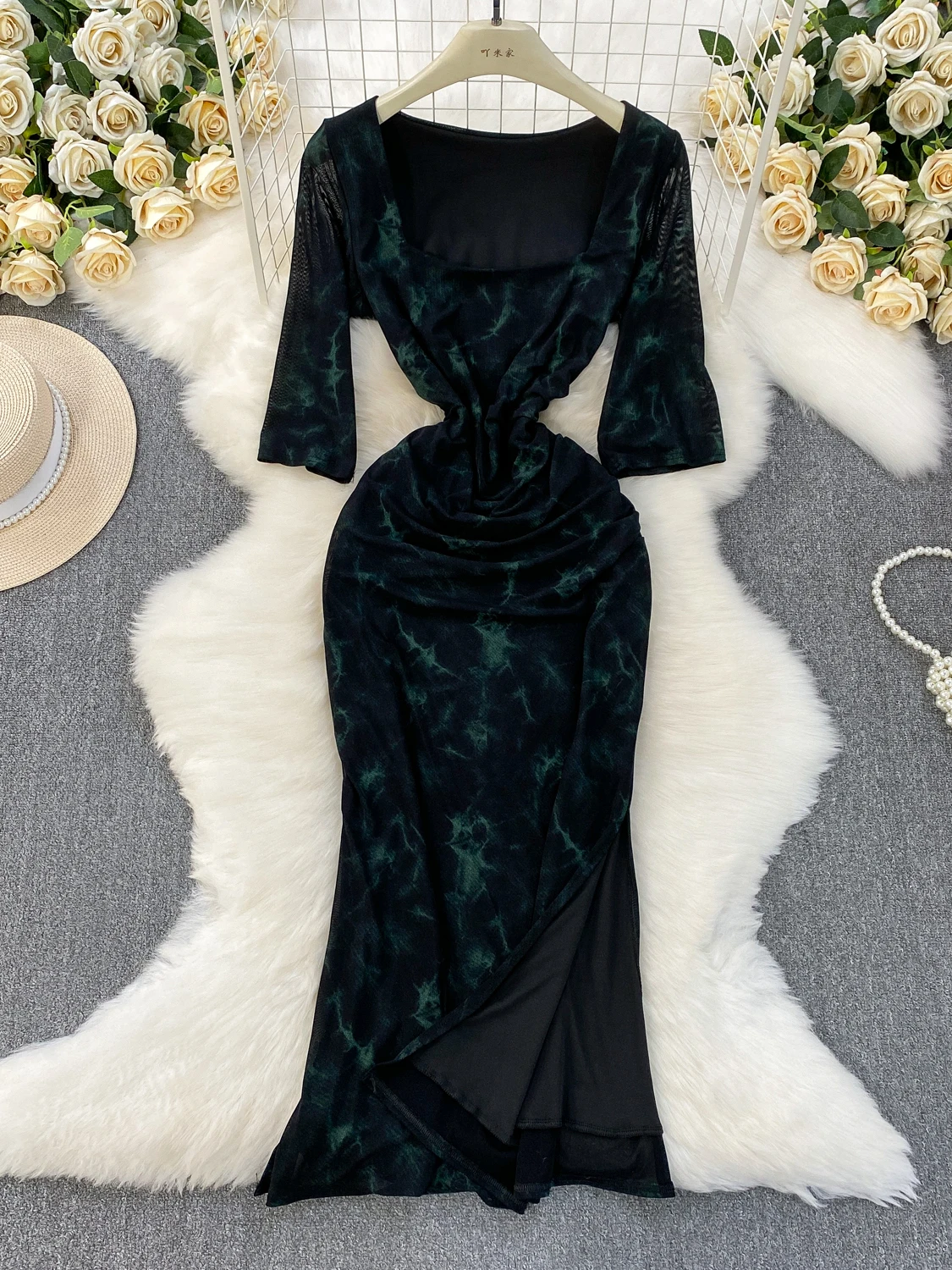 Ele imprimé Maxi Dr avec fente taille haute coupe ajustée coréen Sle femmes été Faion carré Neline 7/8 Sve Dr