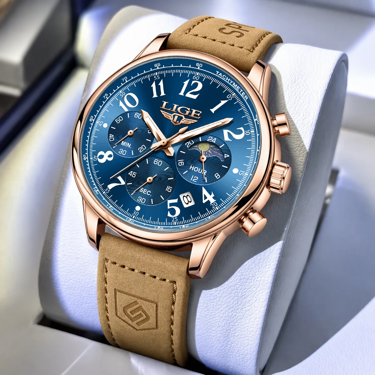 LIGE Fashion Men's Quartz Watch Casual Brown Leather Waterproof Watches for Men Military Sports Chronograph Relogios Masculino