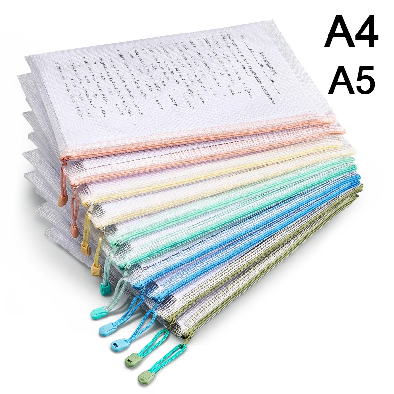 5/10/30PCS Mesh Zipper Pouch Document Bag Waterproof Zip File Folders A4/A5 Size School Office Supplies Pencil Case Storage Bags