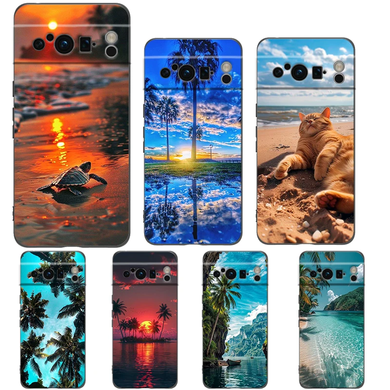 Summer Beach Scene at Sunset on sea Palm Tree Phone Case For Google Pixel 9 8 7 6 Pro XL 8A 7A 6A TPU Shell Shockproof Cover