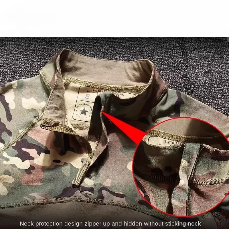 التكتيكية تي شيرت الرجال كامو المشي لمسافات طويلة الصيد قمصان الادسنس الألوان القتالية القمم 1/4 سستة الحياكة مرونة عمال التدريب تيز