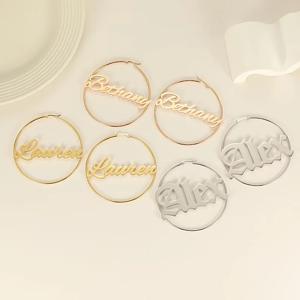 Custom Name Hoop Earrings Personalized Gold Color Stainless Steel for Earrings Women Letter Nameplate Circle Jewelry Gifts