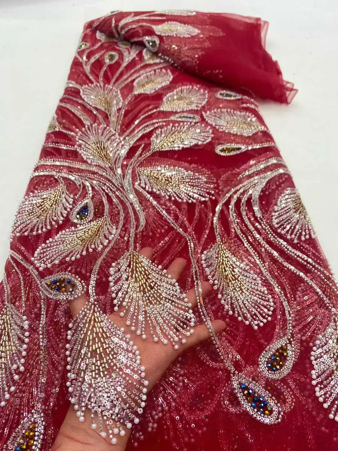 

High Quality Nigerian Lace Fabric with African Sequins Beaded Mesh for Wedding Party Dresses Latest 2026 Design 5 Yards