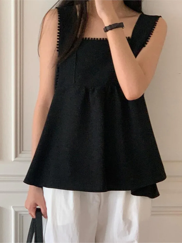 Summer Sleeveless Slip Vests Tops Women Ruffle Pleated Fashion Sweet Ladies Cropped Blouses Korean Style Loose Woman Tops