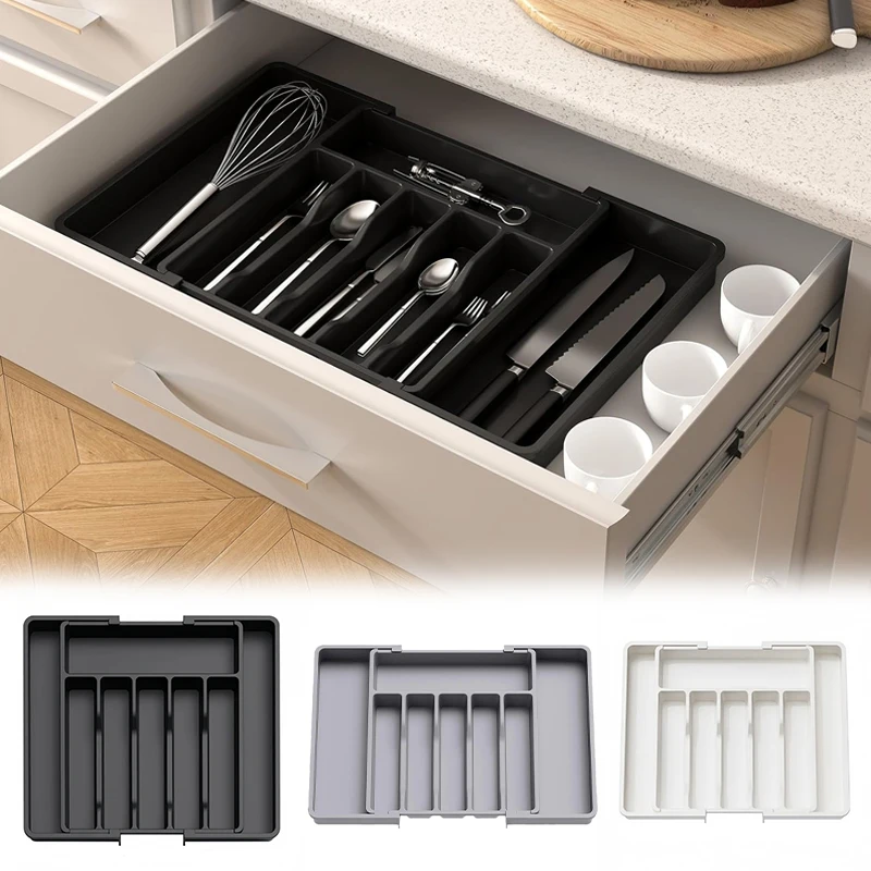 

Adjustable Drawer Organizer Expandable Plastic Cutlery Tray with Compartments for Forks Spoons Knives Kitchen Utensil Storage