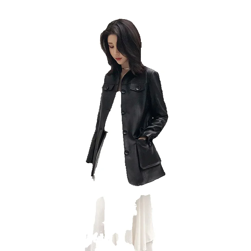 Spring New Single Leather Genuine Leather Coat Women's Long Windbreaker Sheepskin Slim Fit Korean Edition Coat