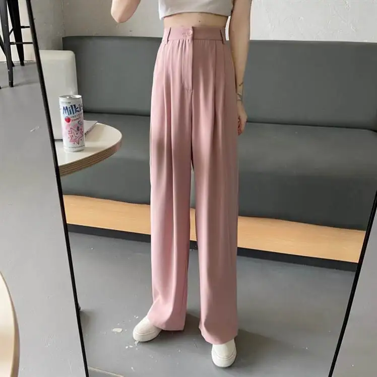 صيف 2023 المرأة فضفاضة السراويل الطويلة غير رسمية عالية الخصر مستقيم الساق بنطلون مريح رقيقة ألياف البوليستر السيدات بنطلون #1