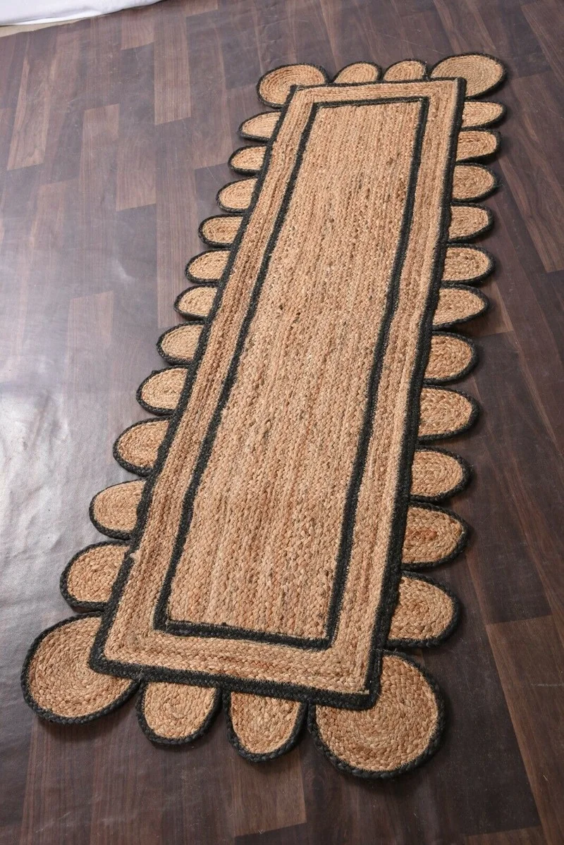 Rugs Natural Jute Fiber Carpet Scalloped Black Edge Home Living Floor Mat Home Textile Rug Bedroom Decor