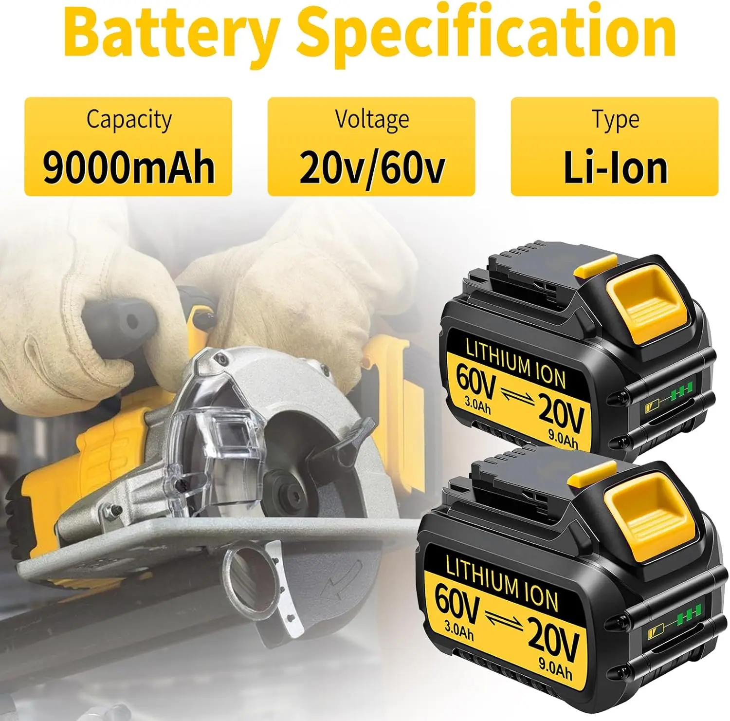 2Pack 9000mAh Replacement for Dewalt 60v Flex-Volt Battery Lithium DCB609 DCB606 DCB612 Compatible with DeWalt 60V Cordless Powe