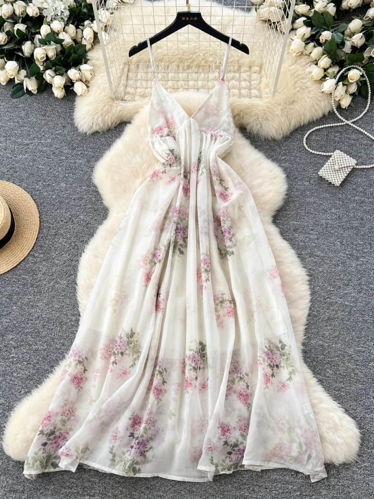 Foamlina French Floral Chiffon Dress V-Neck High Waist Spring Maxi Boho Romatic Dresses For Women Holiday 2025