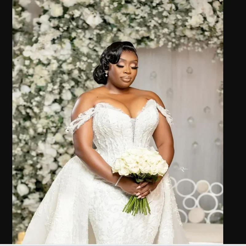 Customized Off the Shoulder Appliques Beads  Mermaid Wedding Dress with Removable Skirt  Robe De Mariée  Plus Size Bridal Gowns