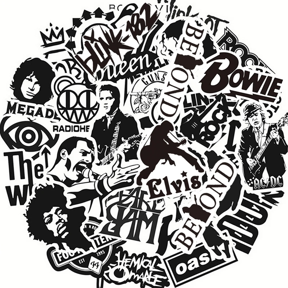 10/30/50pcs Retro Music Rock Punk Band Stickers Cool Black and White Graffiti Cartoon Sticker Phone Water Bottle Notebook Decals