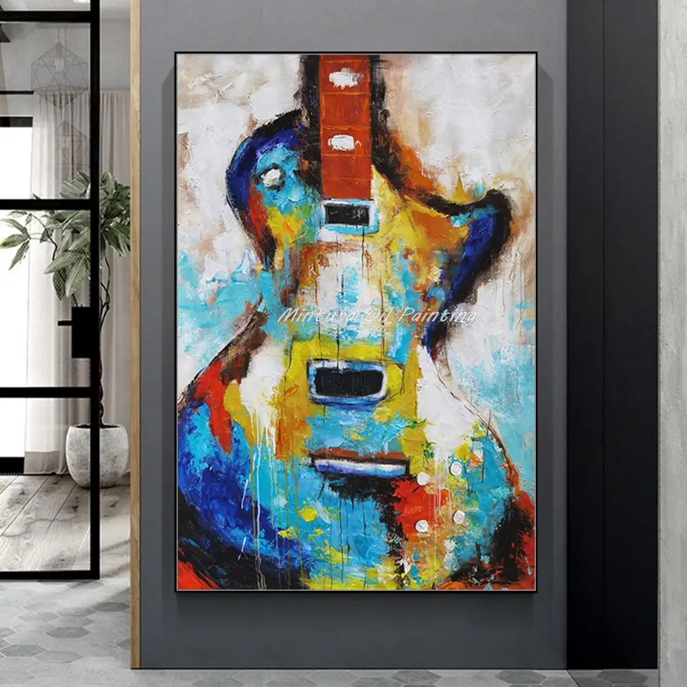 

Mintura Handmade Guitar Oil Paintings on Cansva Modern Abstract Thick Texture Wall Art Pictures for Living Room Home Decoration