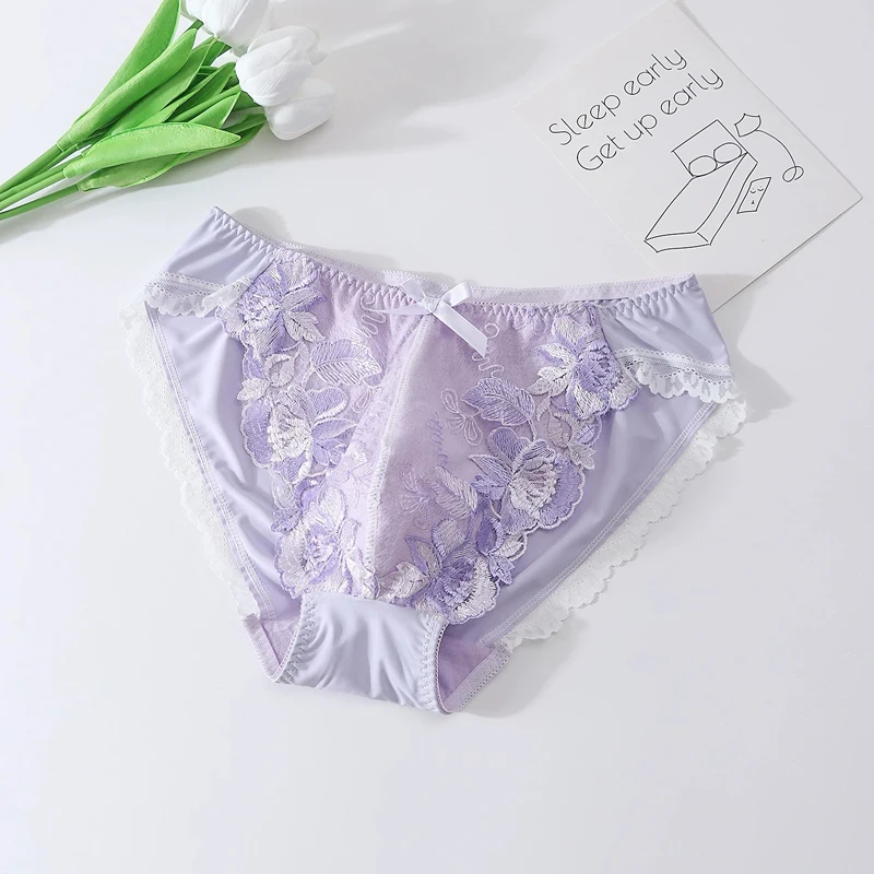 High Quality Man Lace Floral Embroidery Pink Panty Briefs Live Show Dance Costumes DJ CLub Bar BF Gifts Harajuku