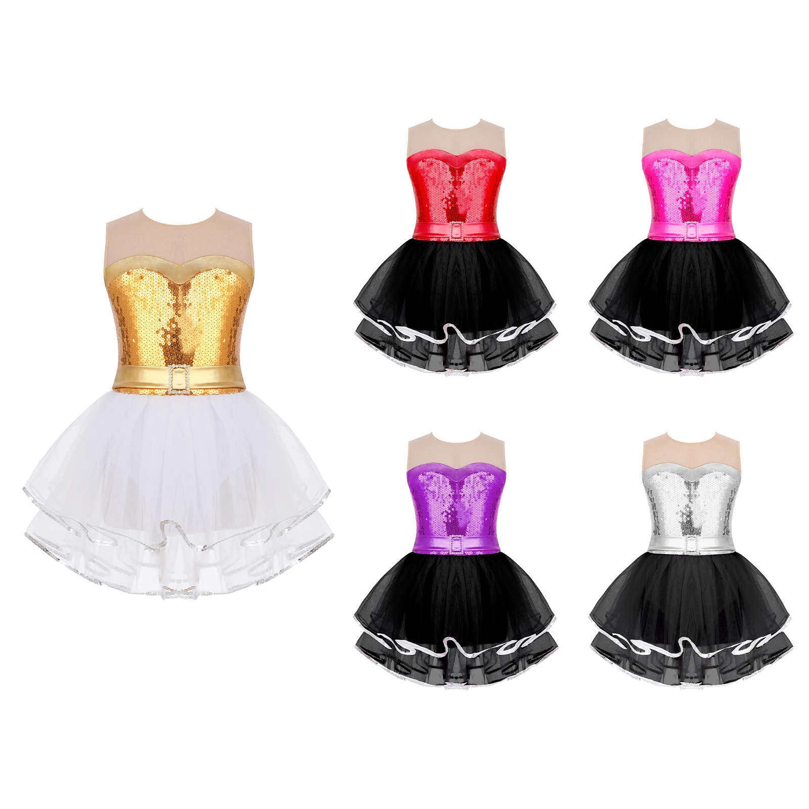 Girls Glitter Sequins Ballet Tutu Dress Sleeveless Gymnastics Leotard Modern Latin Jazz Dancing Stage Performance Dance Costume