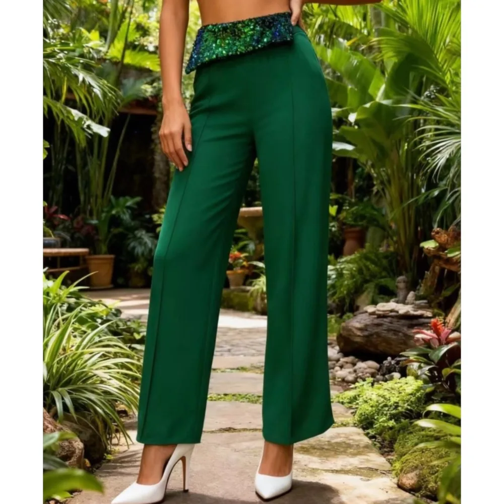 موضة الترتر خياطة عالية الخصر بنطلون المرأة ربيع جديد مكتب التخسيس عالية الخصر مستقيم من خلال بنطلون أنثى #4