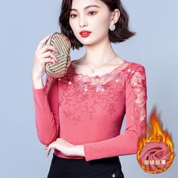 M-4XL 2024 Mesh Bottoming Shirt Autumn Winter Round Neck Lace Tops Women Patchwork Long Sleeve Casual Diamond T Shirt