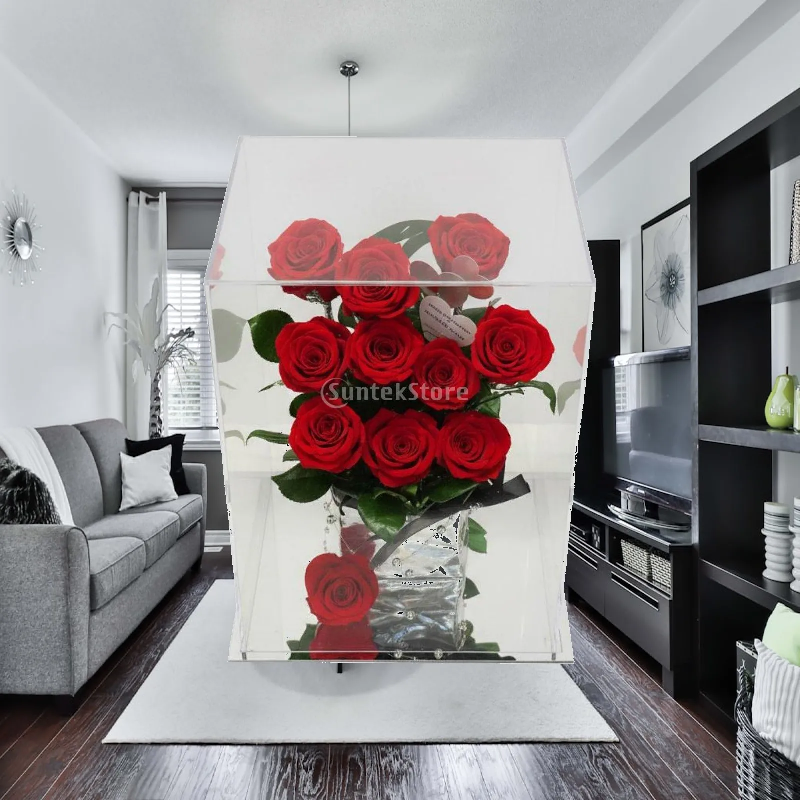 Elegant Industrial Case Rose Flower Arrangement Display Acrylic Box Jewelry Organizer for Wedding Valentines Day
