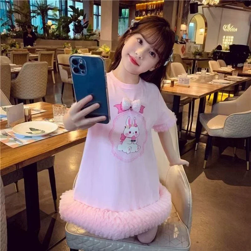 

Girls' Short sleeved Dress 2025 New Korean Edition Loose Western Style Children's Lace Skirt Girls' Princess Skirt 100-160CM