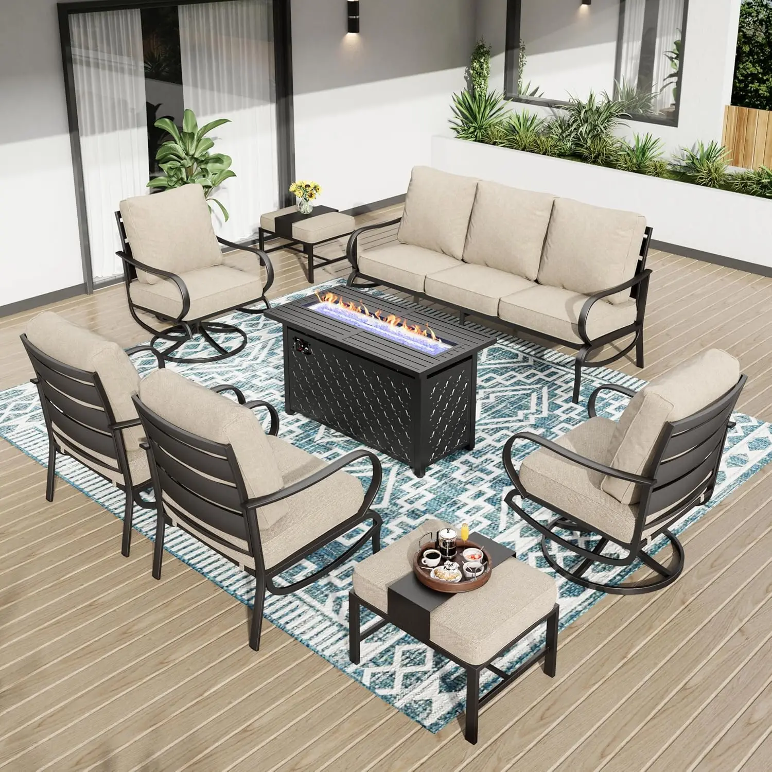 

Комплект садовой мебели из 8 предметов с очагом-столом, металлическая уличная мебель с 3-местной скамьей-диваном, вращающимися креслами, на заказ