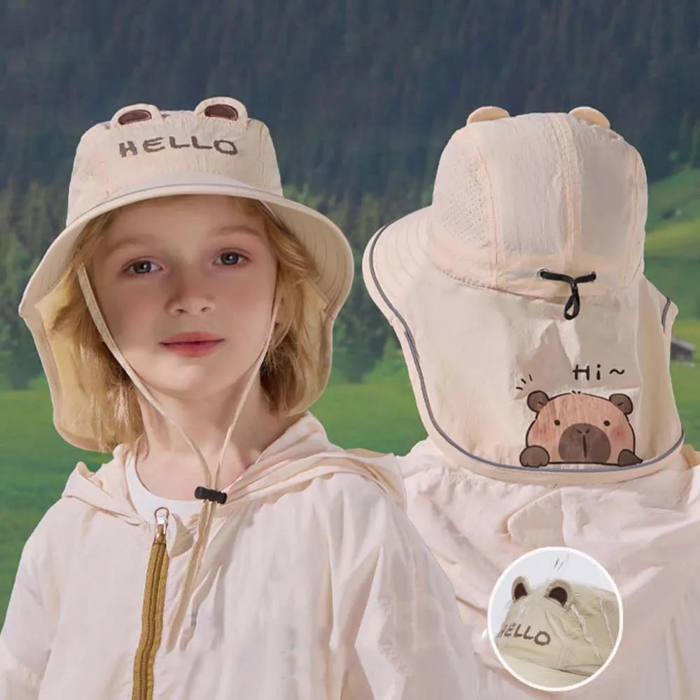 

Breathable Capybara Fisherman Hat Windproof Rope Wide-Brimmed Shawl Neck Protecting Cap Polyester Adjustable