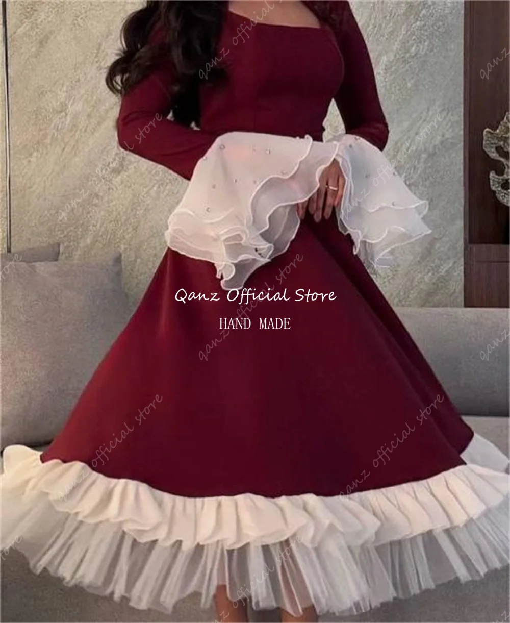 Qanz Dubai  Short Crepe Evening Dresses with Ruffles A-Line Long Sleeves Tea Length Wedding Guest Dress for Women Customized