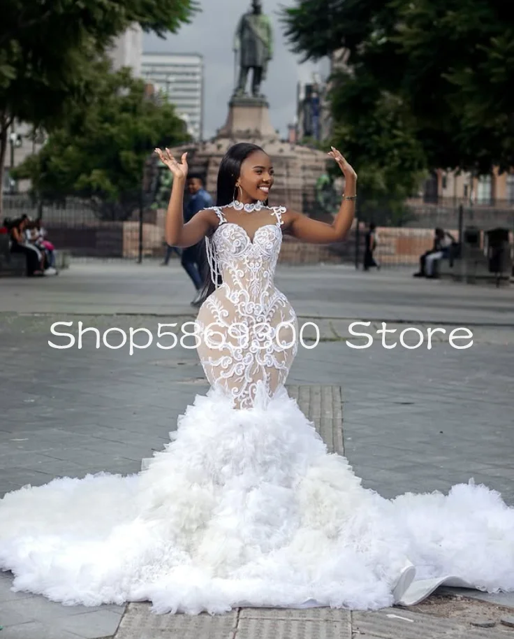 African Mermaid Long Wedding Dresses White Champagne Ruffles Chapel Train Aso Ebi Garden Bridal Gown Outfit Customsized
