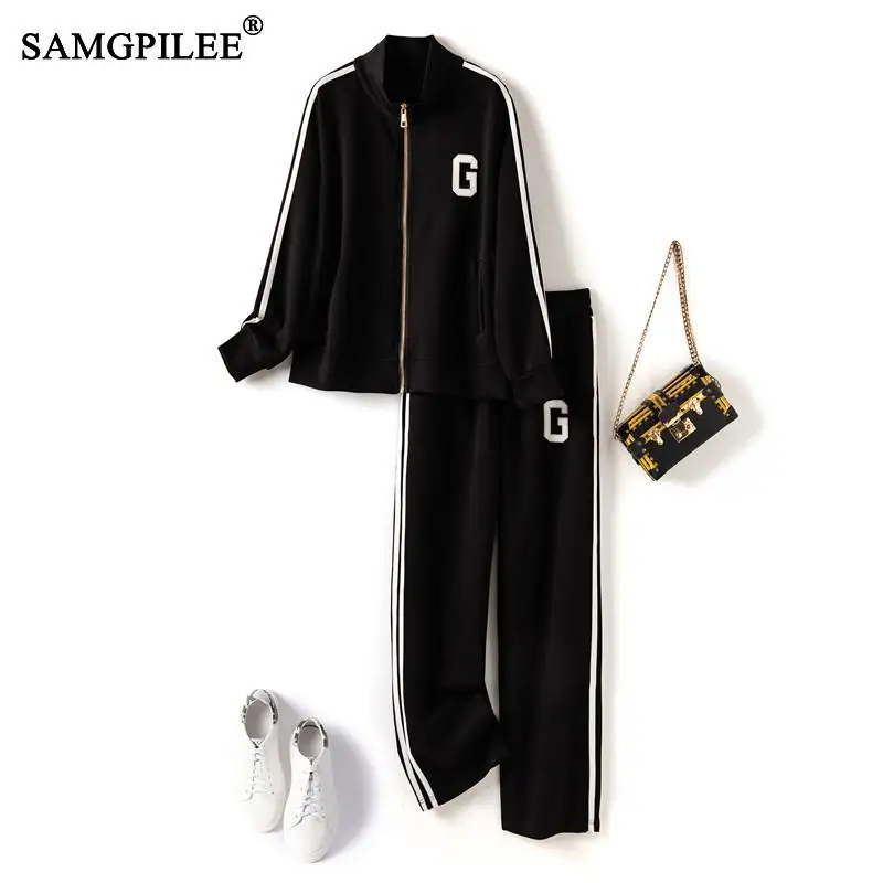 

Women's Tracksuit Autumn 2022 Casual Letter Zipper Air Cotton Sweater Wide Leg Trousers Winter Two Piece Sets Womens Outifits