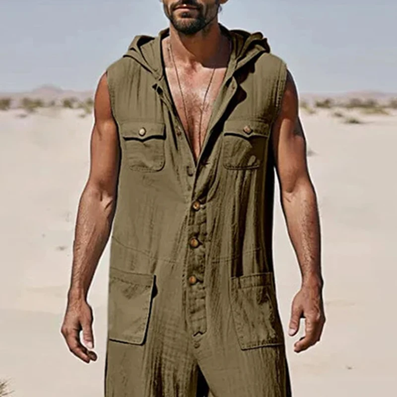 Retro Button-up Hooded Romper Mens Casual Loose Straight Pant Overalls Men Jumpsuits Spring Summer Vintage Solid Color Jumpsuits