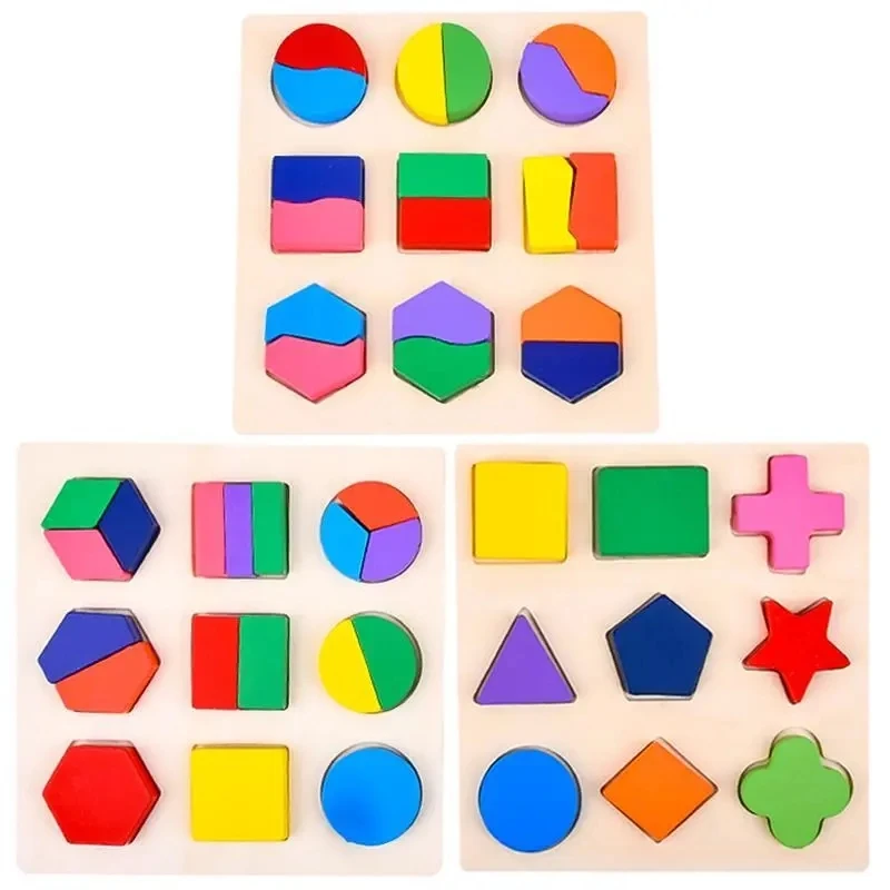 Children Montessori Wooden Puzzle Toys Kids Wood Building Blocks Toys for Baby 1 2 3 Years Old Early Educational Toys Boys Girls