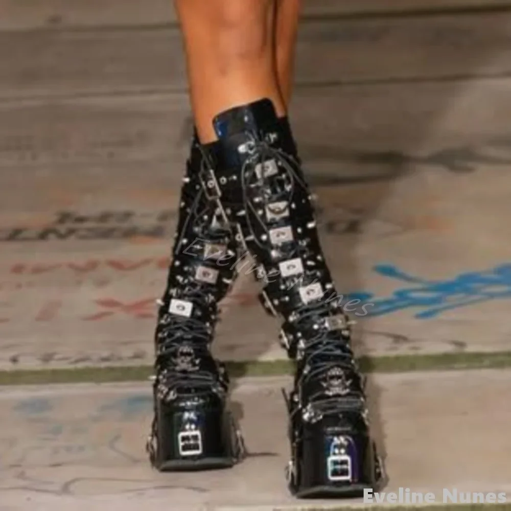 Colorful Black Belt Buckle Knee High Boots Women Round Toe Cross Tied Leather Metal Decoration Platform Boots Gothic Style Boots