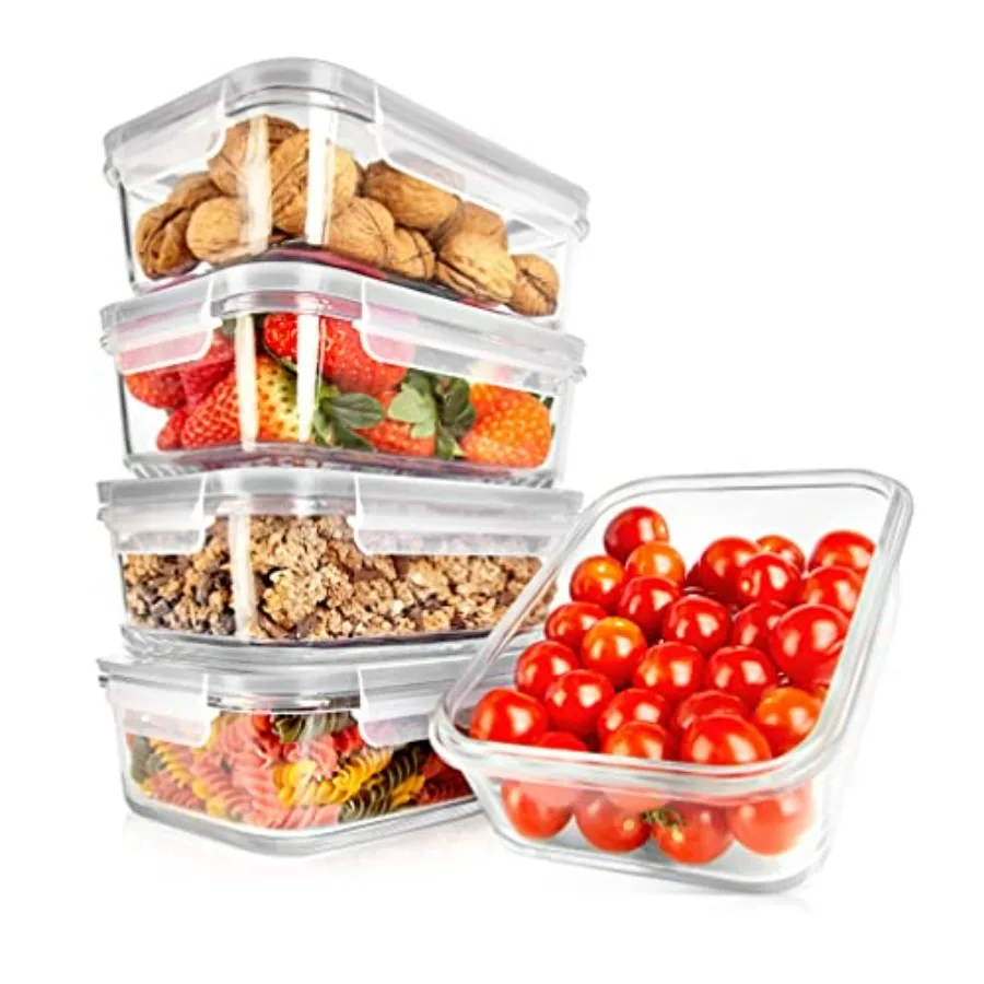 

NutriChef 10Piece Superior Glass Food Storage Containers Set 5 Containers + 5 Locking Lids Stackable Mealprep Design BPAfree Ai