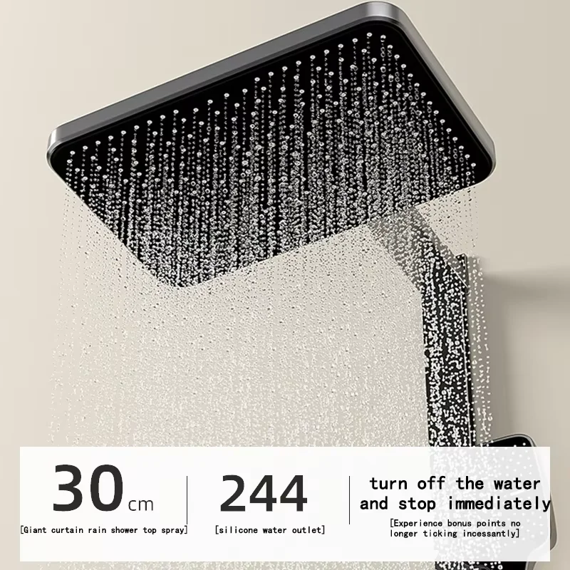 Luxury Smart LED Bathroom Faucet Wall Mounted Brass Piano Shower Set with Atmosphere Light Digital Display Rain Spray Pattern