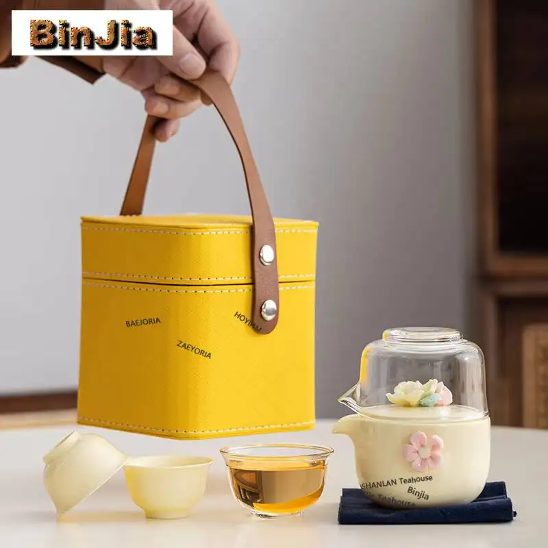 

Hand Pinch Flowers Glass Travel Tea Set Kit Ancient 1 Pot 2 Cups Tea Brewing Organizer Portable Camping Stock Bags Accessories