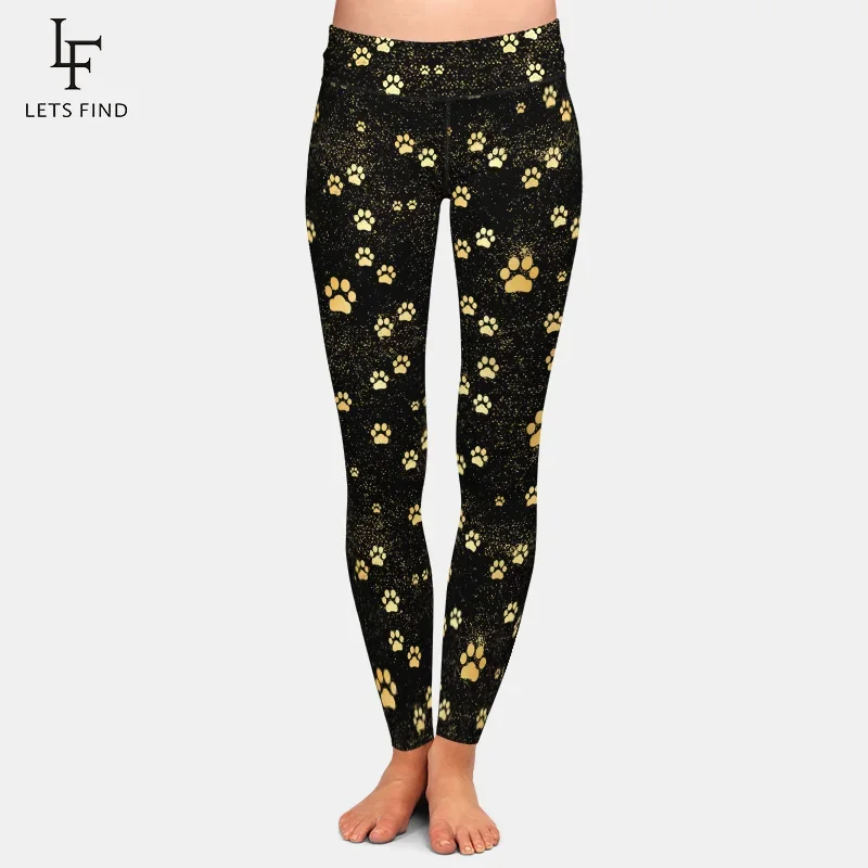 Brands Fashion High Waist Women Black Leggings Dog Paw Pattern Casual Milk Silk Leggings Hot Sale
