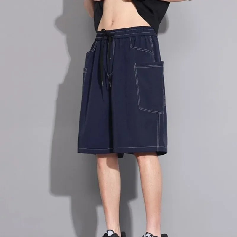 مع سلسلة رسم جيوب صلبة برمودا شورت رجالي البضائع كبير الحجم نصف فضفاض واسع فضفاض كبير الحجم مرونة الخصر طويل شعبي طويل القامة