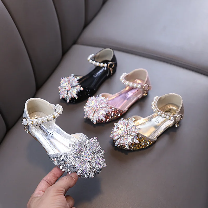 

Princess Shoes Girls for School Party Shiny Glitter Pearl Sandals Soft Sole Children Sandals Kids Mary Jane Flat Bottom Shoes