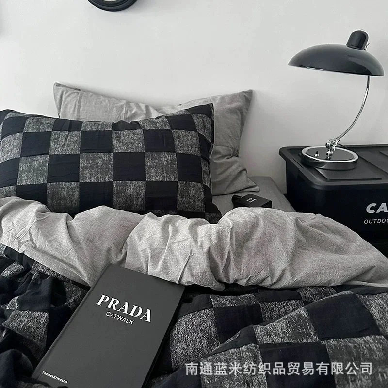 Juego de Ropa de Cama, Funda de Edredón, Sábanas con Diseño de Tablero de Ajedrez, Acabado Lavado y Cepillado, Juego de Cuatro Piezas para el Hogar, Juego de Tres Piezas para Dormitorio