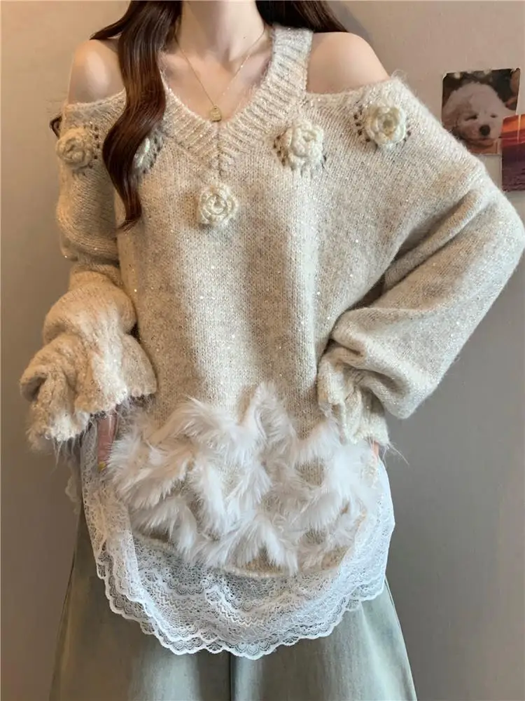 

Women's Knitted Sweater Spring Autumn Large Size Lace Splicing oulder Exposure 3D Flower Design Comfortable Soft Korean Sle