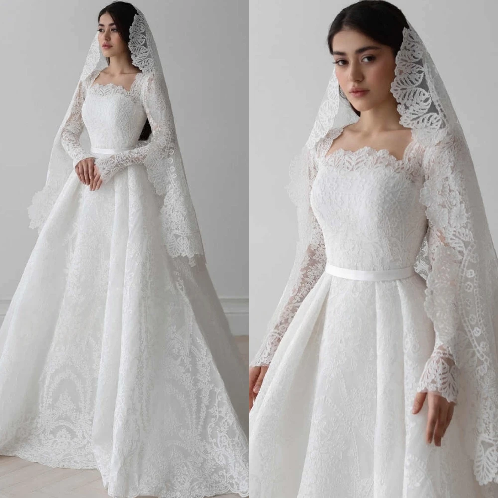 Maßgeschneidertes, hochwertiges Brautkleid aus weißer Spitze, bezaubernde lange Ärmel, Brautkleider, klassischer quadratischer Kragen, A-Linie, Robe de Mariée