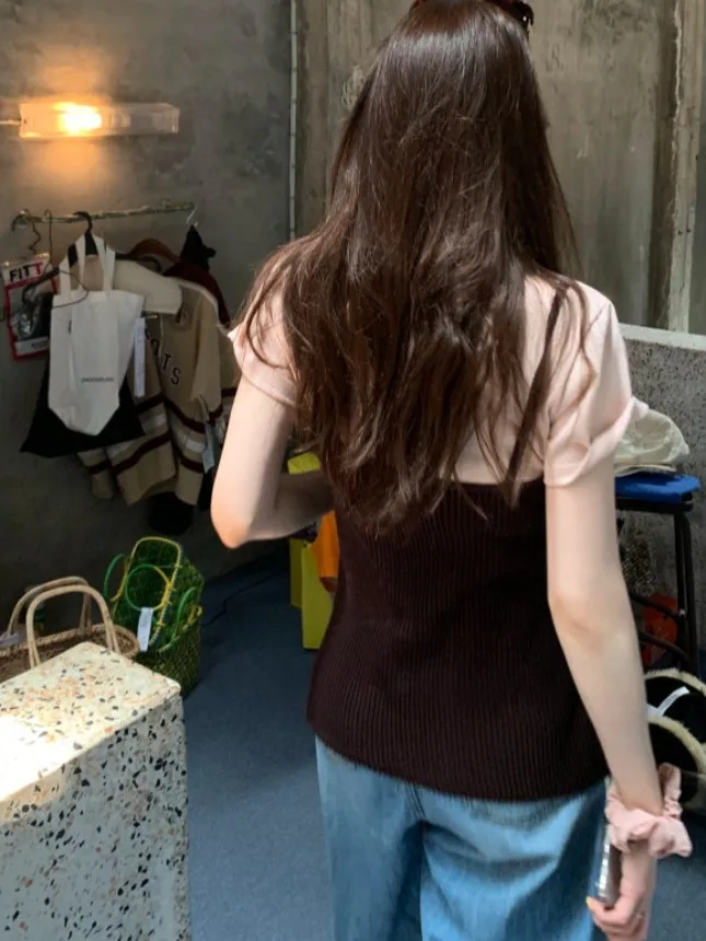 

Шикарная летняя новая однотонная футболка, вязаный топ, женский модный комплект с разрезом, универсальный и Sli