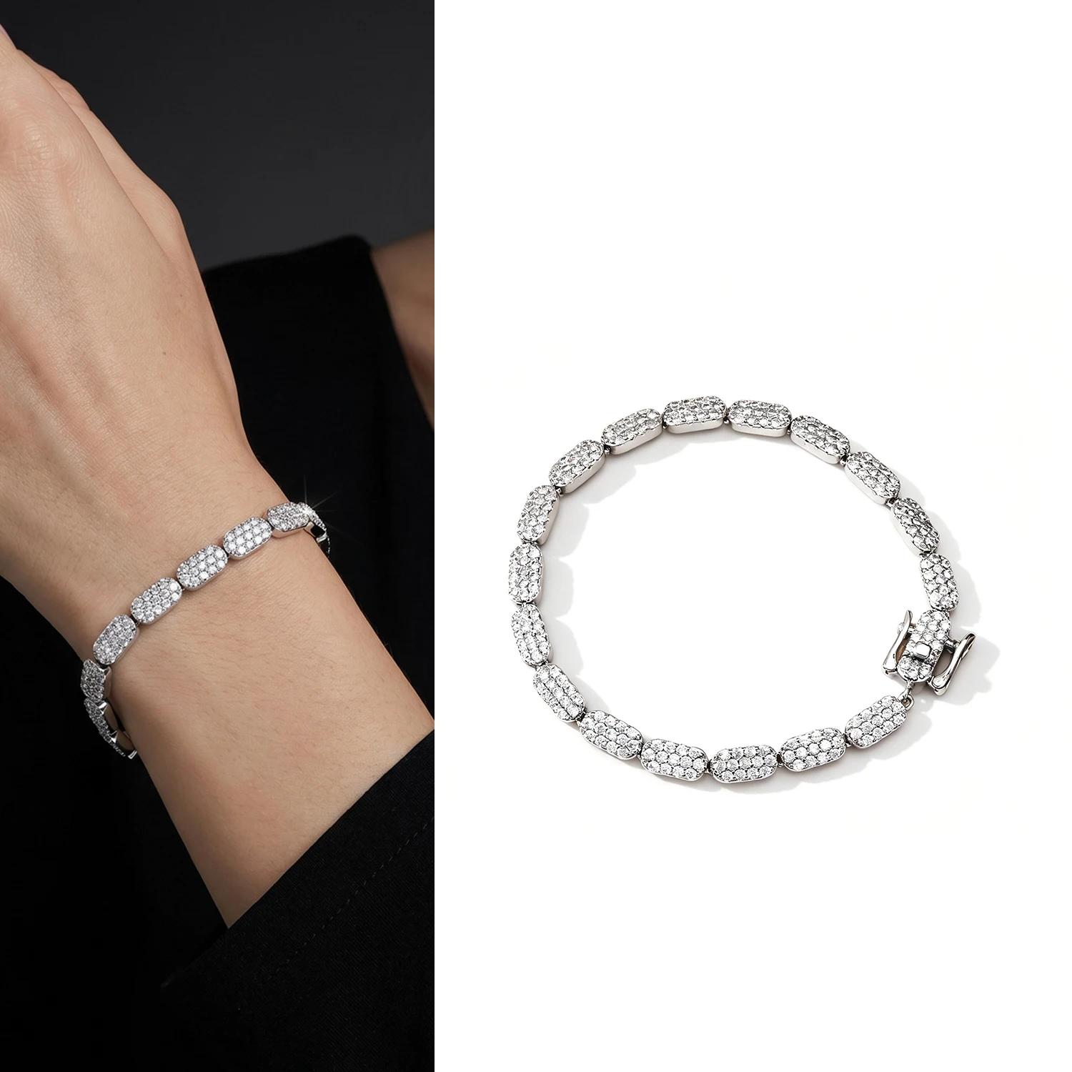 

Luxury Silver Plated Full CZ Cuban Link Bracelet - 17cm Tennis Chain Bangle for Women Party & Daily Wear