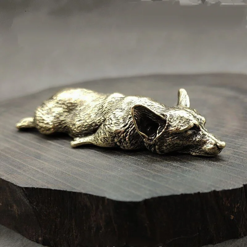 Vintage Pure Copper Corgi Dog Figurine Lying Sleeping Puppy Statue Desktop Tea Pet Ornament Home Decor Collectible Gift